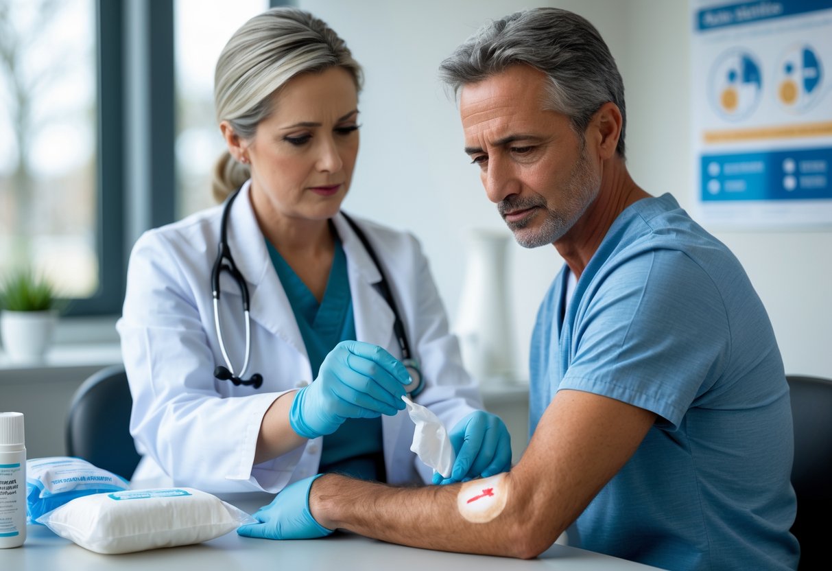 A healthcare professional examining a patient's arm with a bee sting in a modern clinic room.