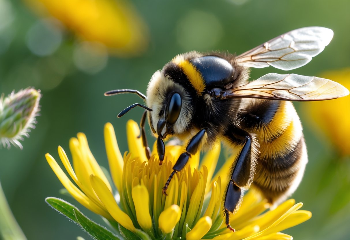 A bumble bee resting on a yellow flower in a green outdoor environment.