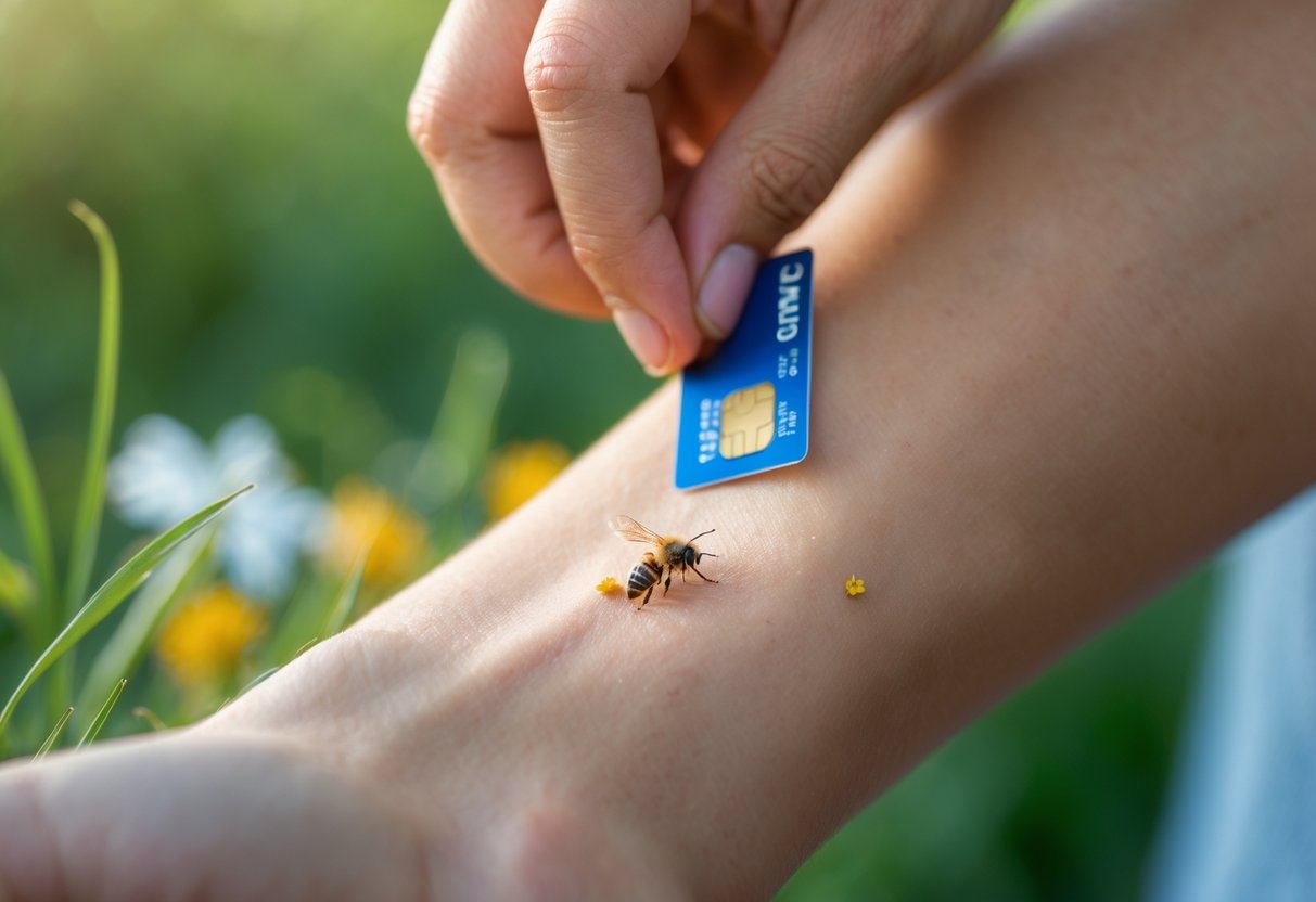 A close-up of a person removing a bee sting from their forearm using a credit card outdoors.