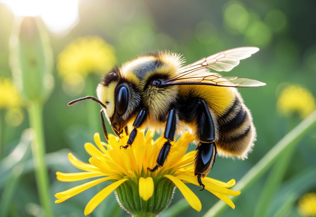 A close-up of a bumblebee on a yellow flower with its stinger visible.