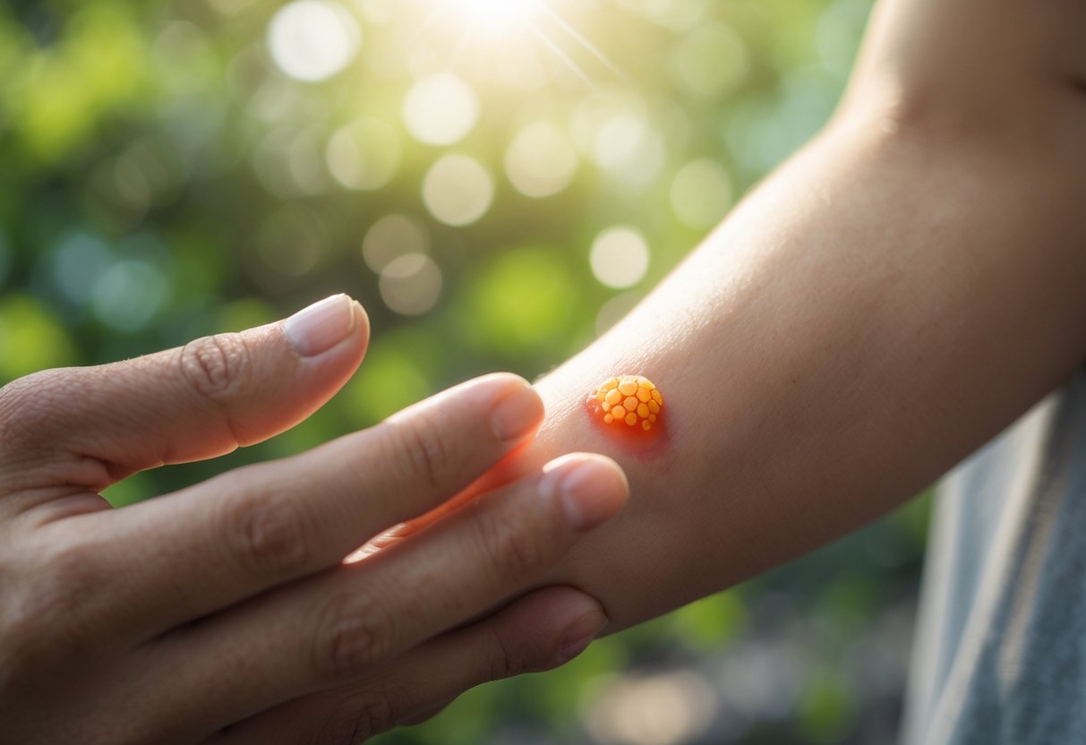 A person touching a small red swollen bump on their forearm outdoors.