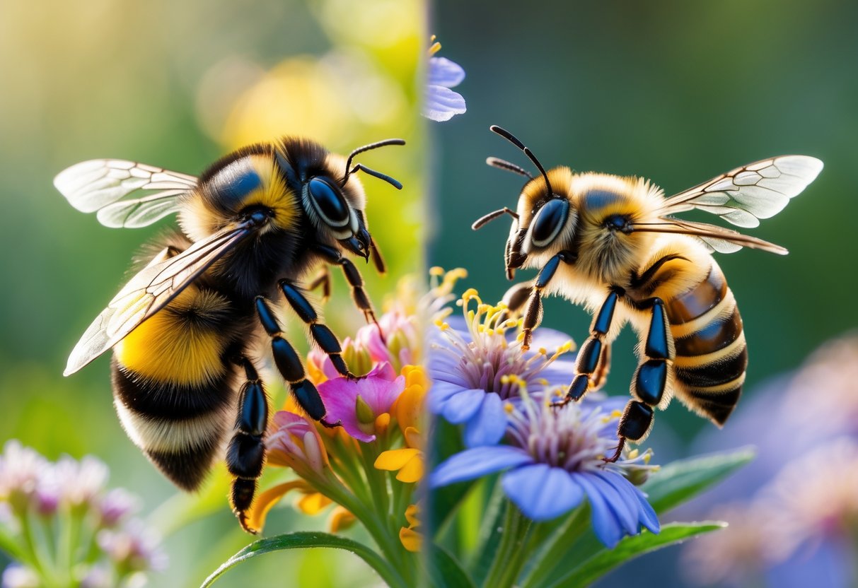 Close-up view of a bumblebee and a honey bee on flowers side by side.