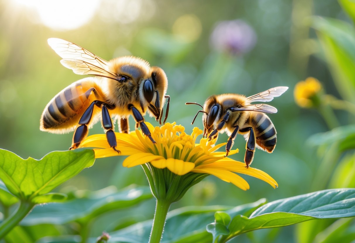 Close-up of a honey bee and a common bee on green leaves and flowers in a natural outdoor setting.