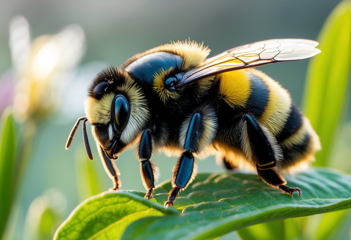 A close-up of a bumblebee resting on a green leaf surrounded by early spring plants.