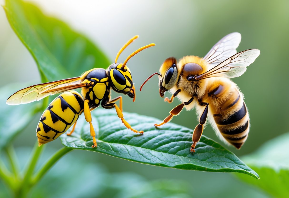 Close-up of a yellow jacket wasp and a honey bee sitting on green leaves side by side.