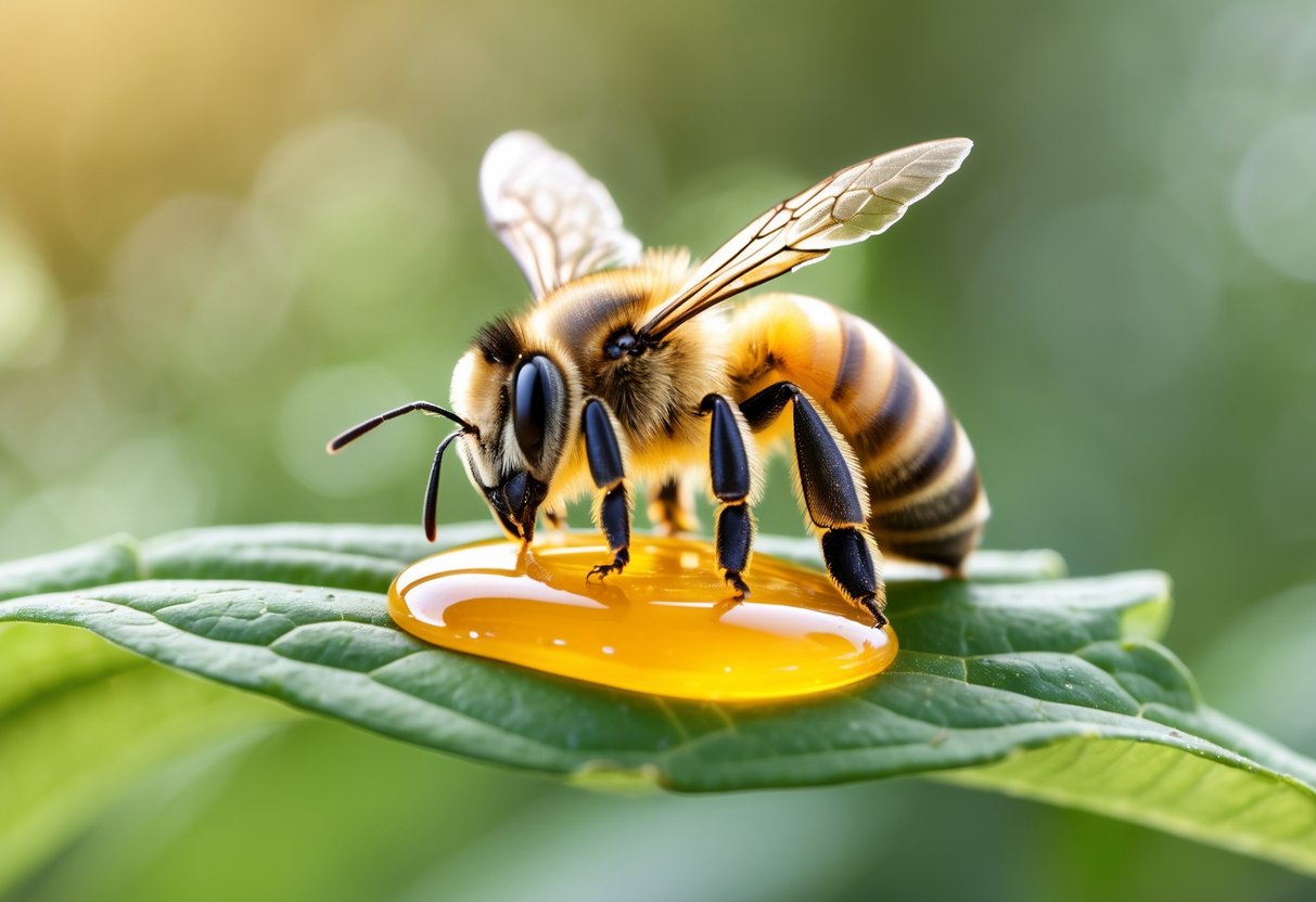 A honeybee feeding on a droplet of honey on a green leaf with a blurred natural background.