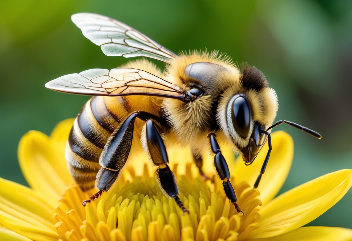 A close-up of a honey bee on a yellow flower with green foliage in the background.