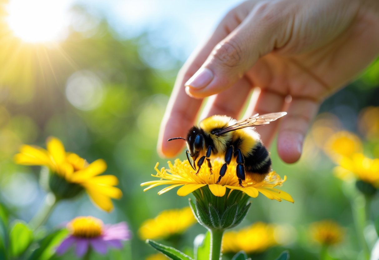 A hand gently reaching towards a bumblebee sitting on a yellow flower in a garden.