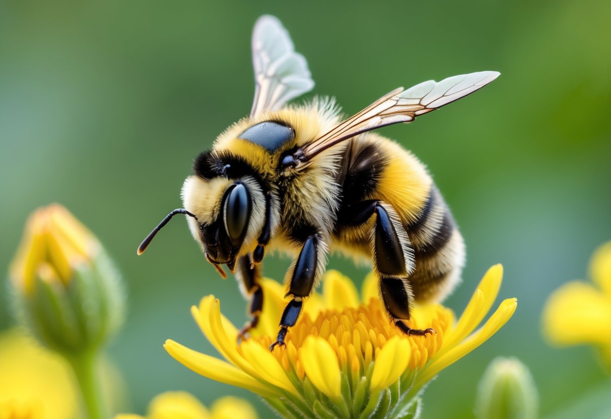 A bumble bee sitting on a yellow flower outdoors.