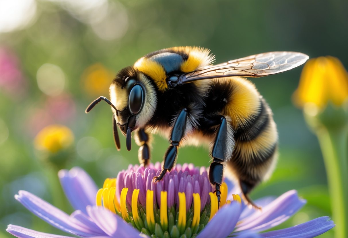 A close-up of a large queen bumblebee resting on a colorful flower in a garden.
