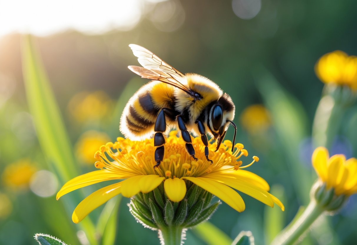 A bumble bee collecting nectar from a yellow flower in a garden.