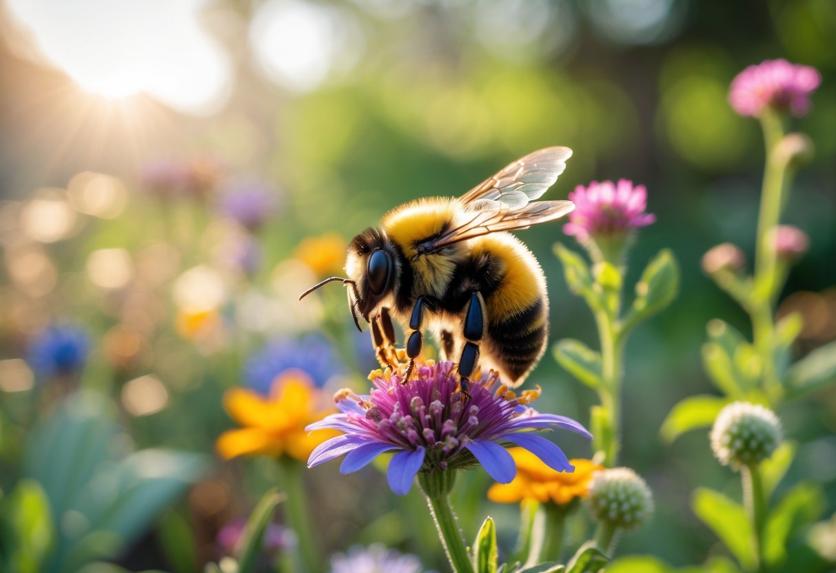 Close-up of a bumble bee resting on a flower surrounded by green plants and other flowers.