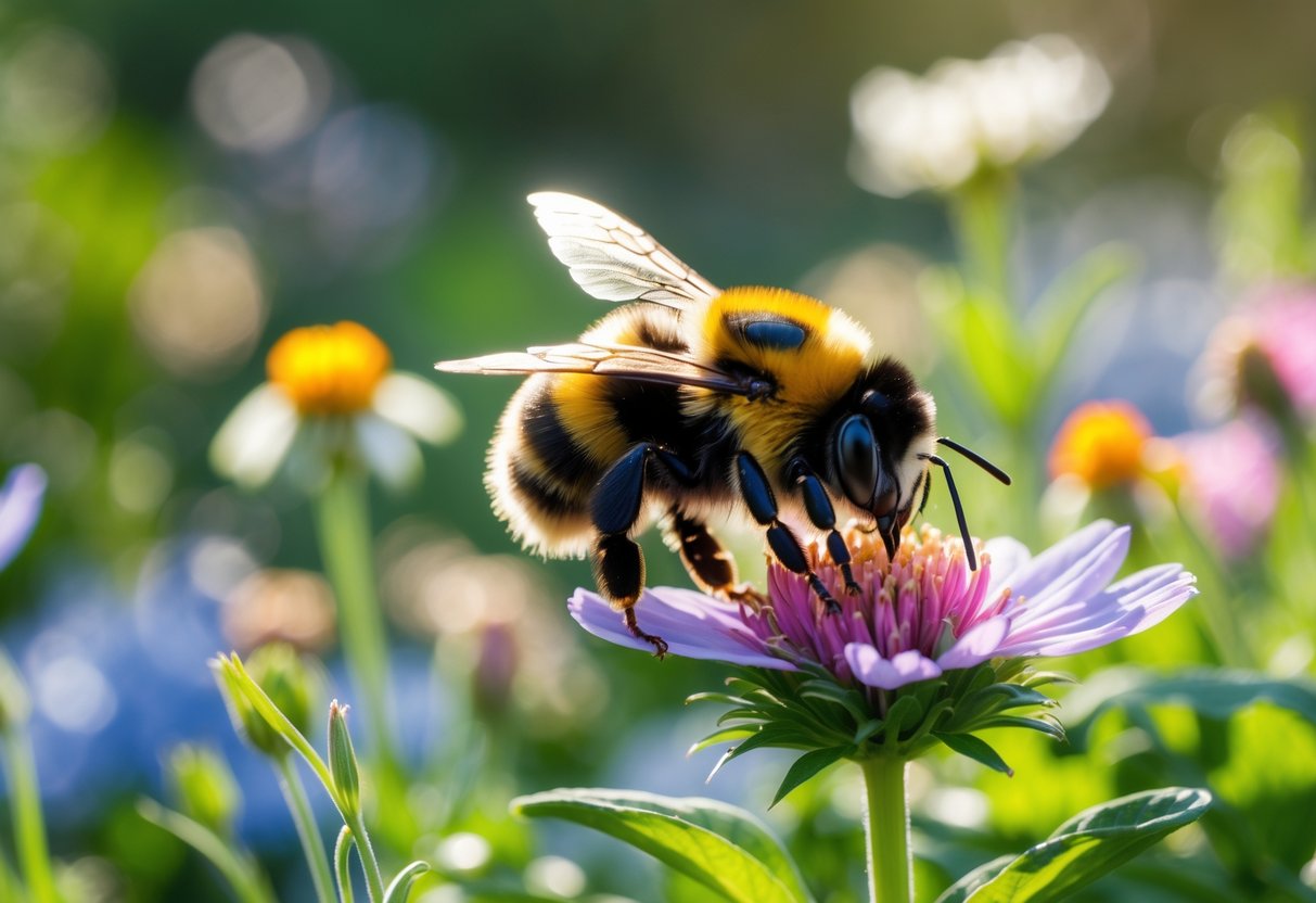 A bumblebee collecting nectar from a flower in a garden with green plants and flowers around.