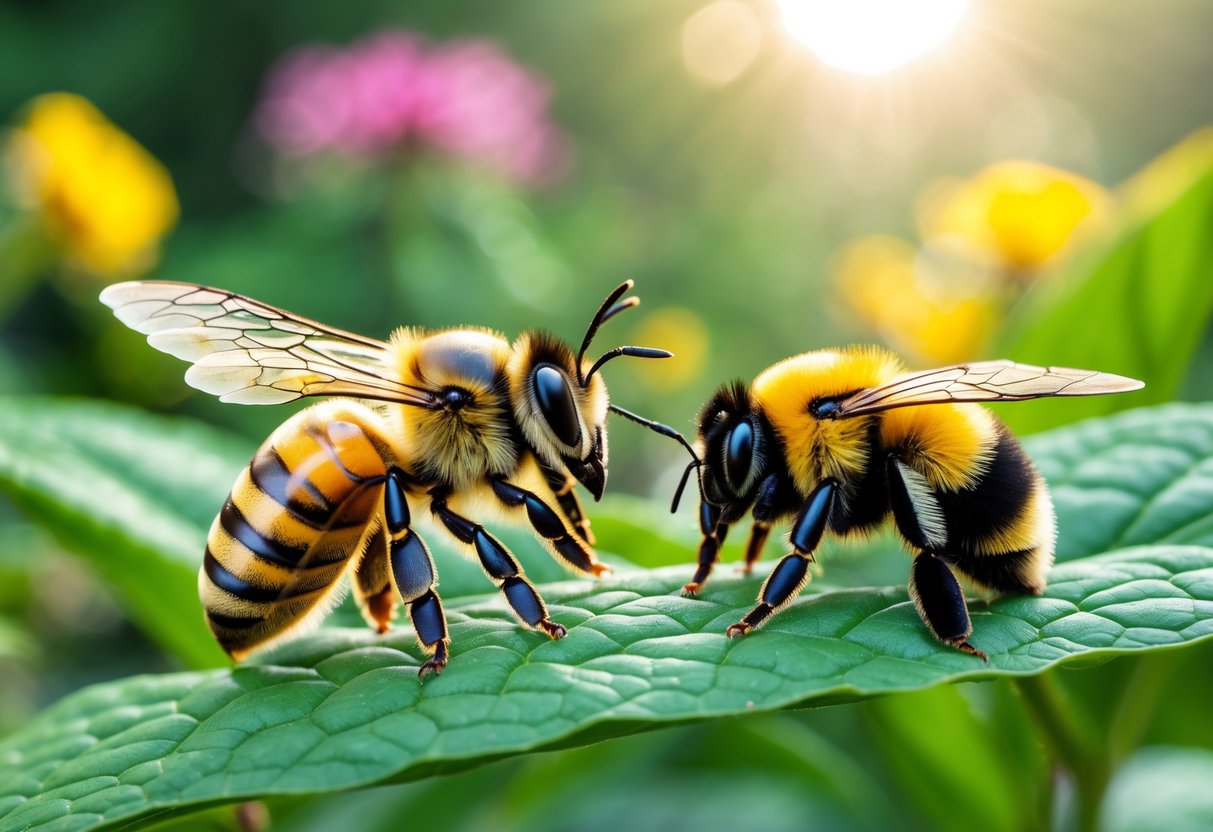 Close-up of a honey bee and a bumble bee on green leaves with blurred flowers in the background.