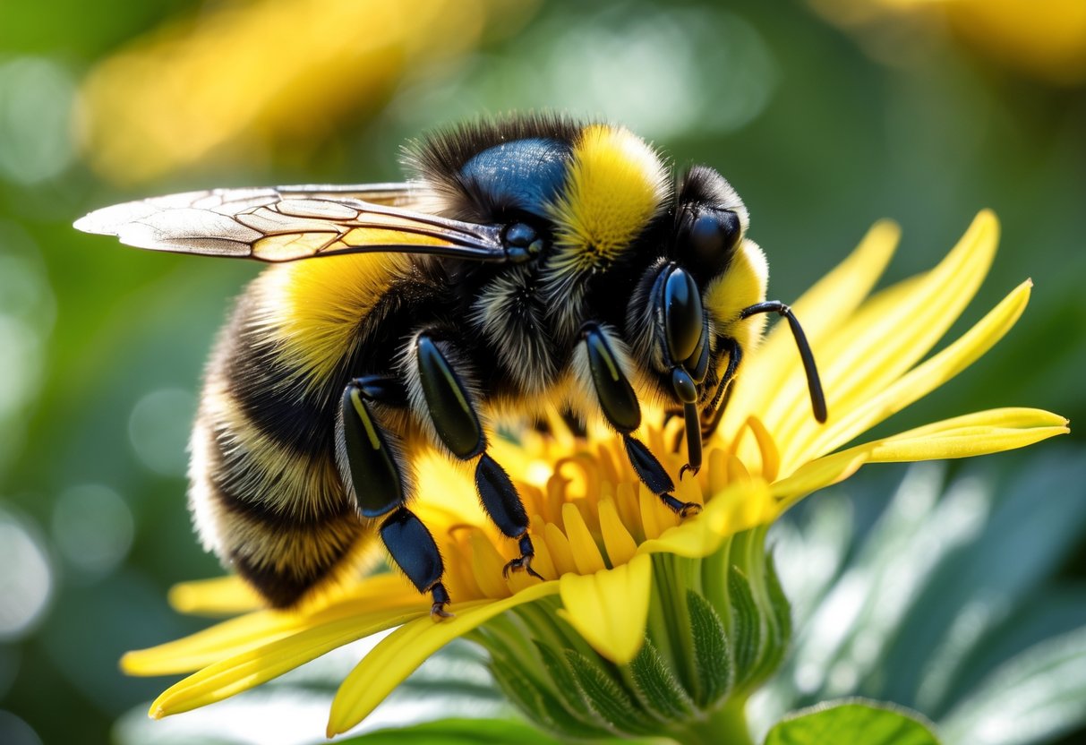 A close-up of a bumblebee on a yellow flower with green foliage in the background.
