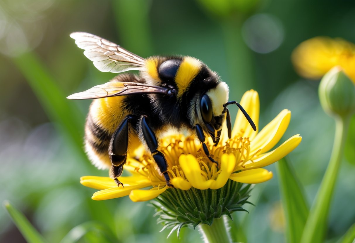 A close-up of a British bumblebee sitting on a yellow flower in a garden.