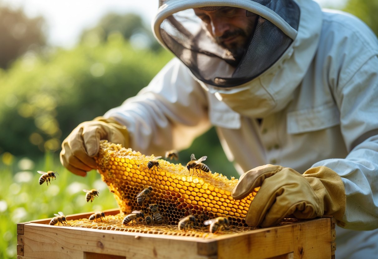 Close-up of a beekeeper inspecting a honeycomb filled with bees and honey in a green outdoor setting.