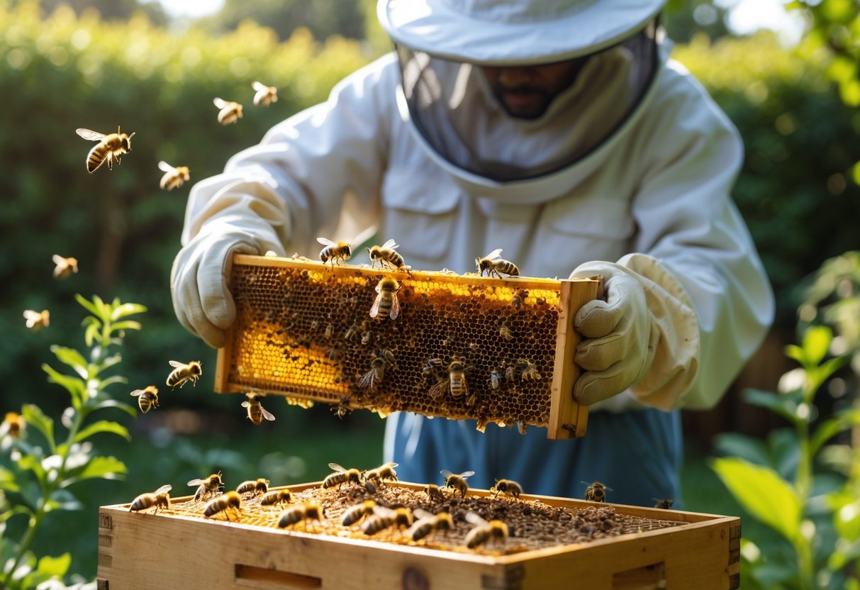 A beekeeper gently holding a honeycomb frame covered with bees in a green garden setting.