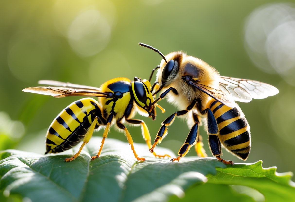 A yellow jacket and a bee sitting side by side on a green leaf with natural greenery in the background.