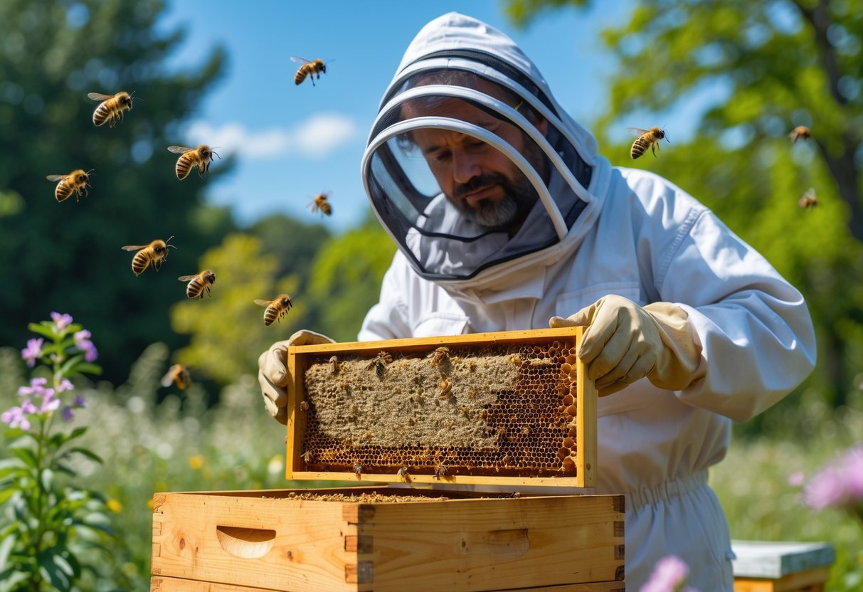 A beekeeper in protective clothing holding a beehive frame with empty honeycomb cells outdoors surrounded by trees and bees.