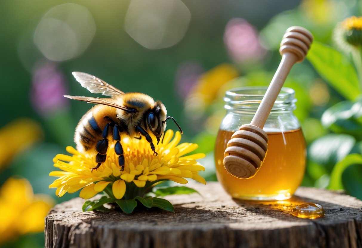 A bumblebee on a yellow flower next to a jar of honey with a wooden dipper on a wooden surface in a garden.
