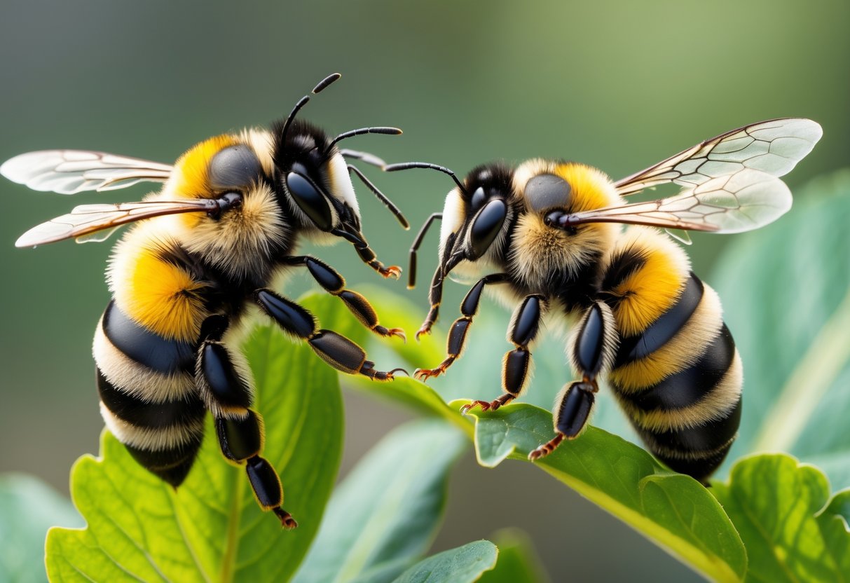 Close-up of a bumblebee and a queen bee on green leaves showing their size and appearance differences.