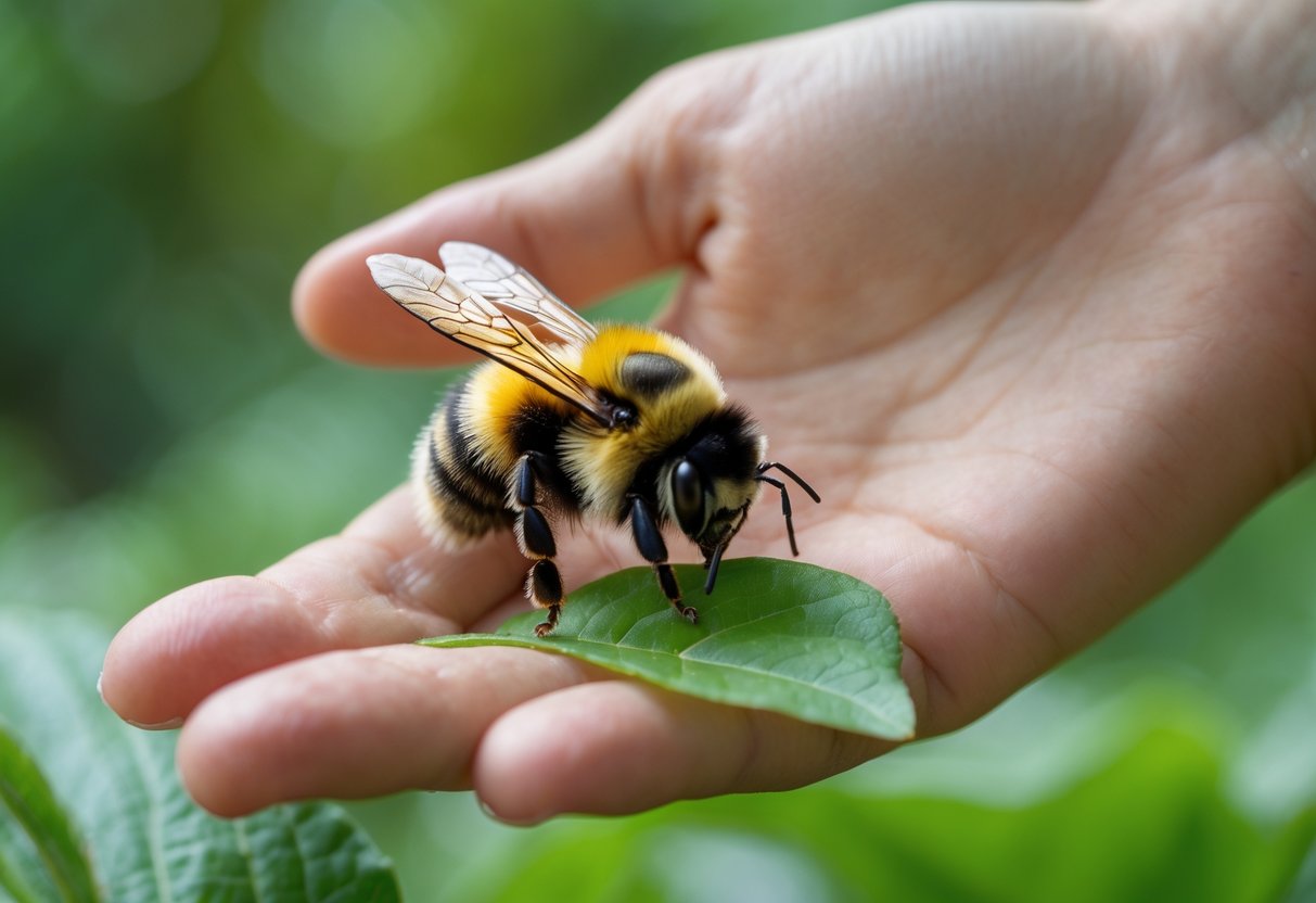 A hand gently reaching to pick up a bumblebee resting on a green leaf outdoors.