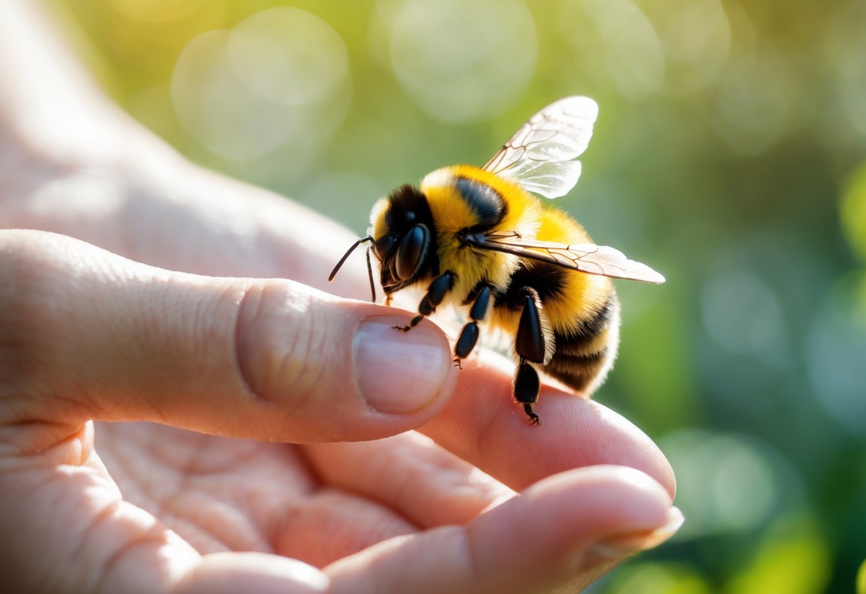 A close-up of a hand gently holding a bumblebee outdoors with green plants in the background.