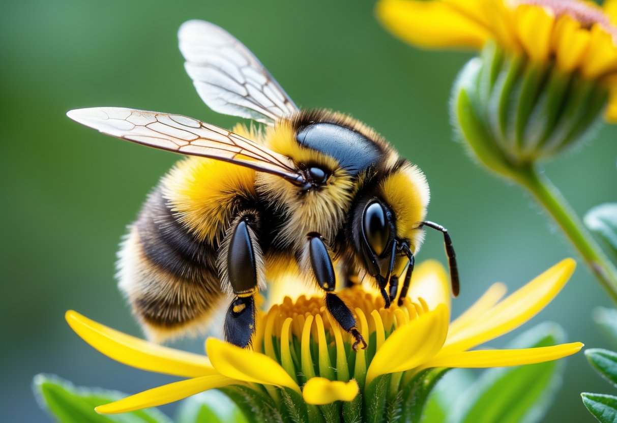 A bumblebee collecting nectar from a yellow flower with green foliage in the background.