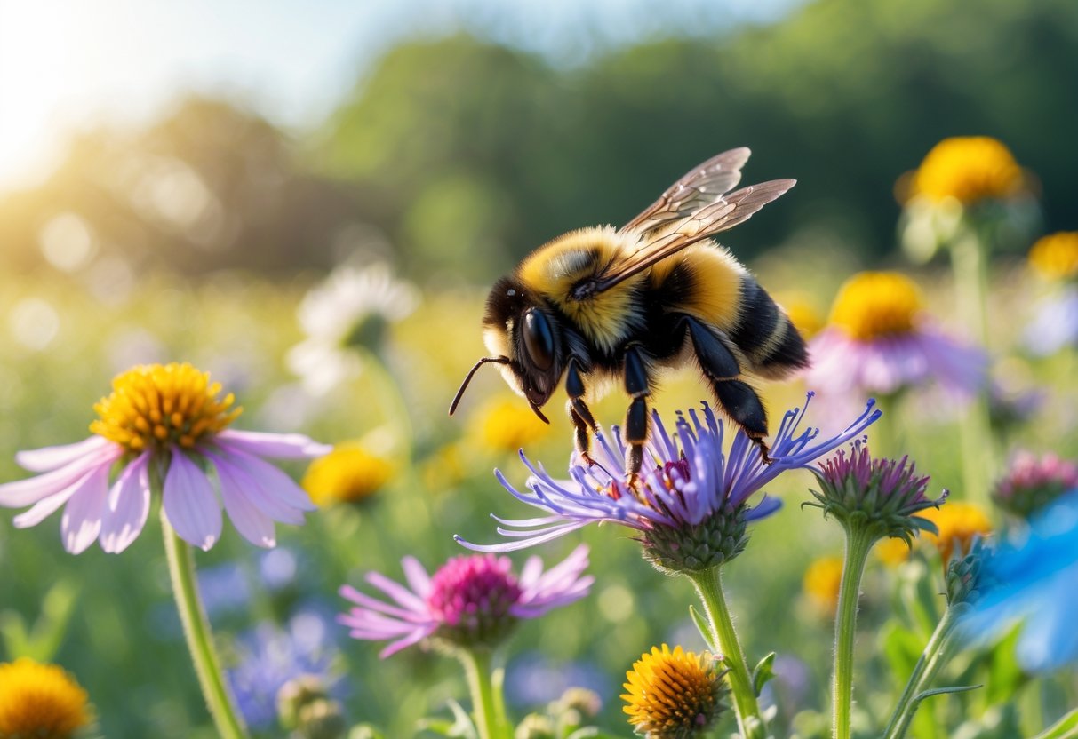 A close-up of a bumblebee collecting nectar from a wildflower in a natural meadow.