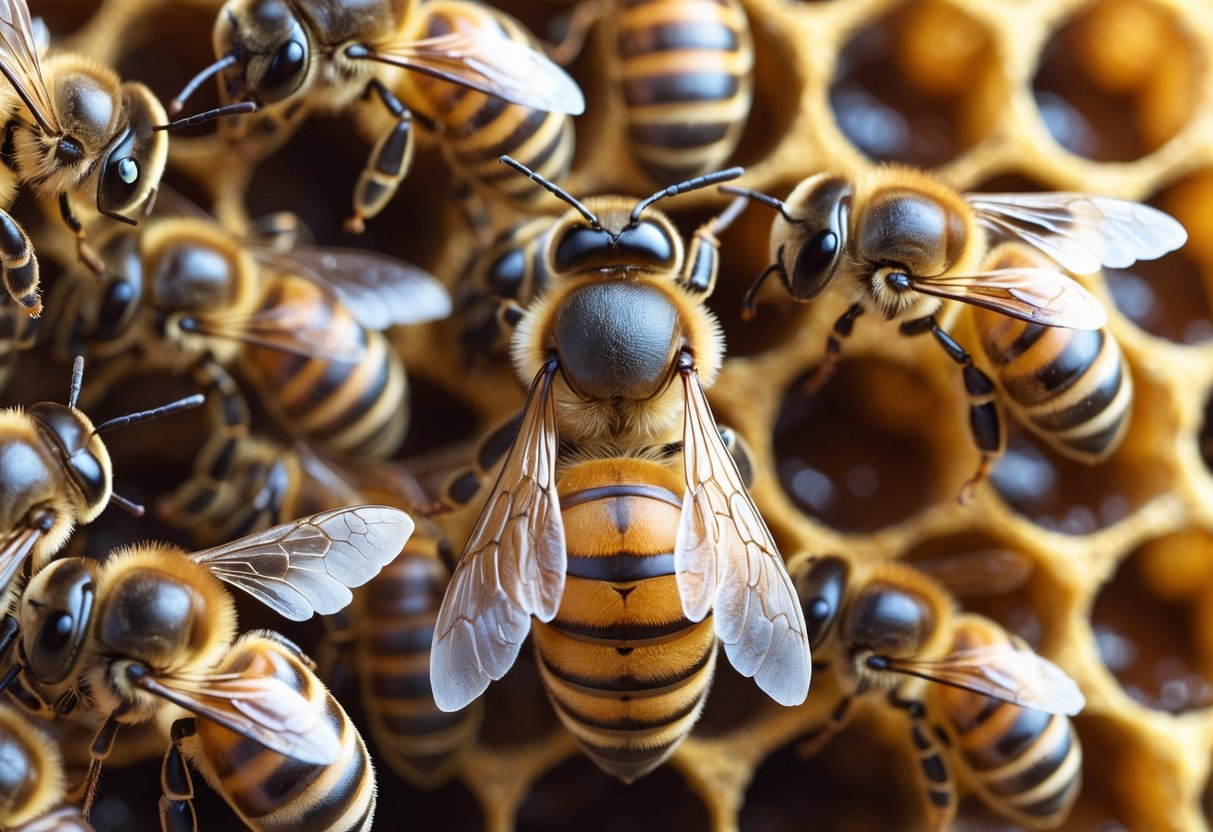 Close-up of a virgin honey bee queen surrounded by worker bees inside a honeycomb hive.