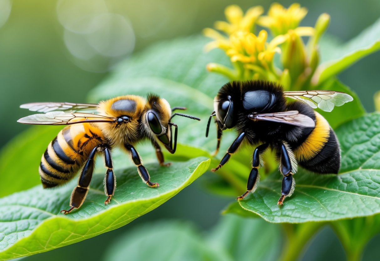 Close-up image of a honey bee and a bumblebee on green leaves showing their size and color differences.