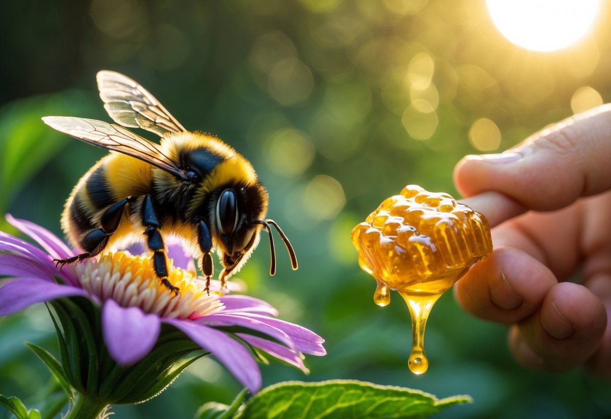 A bumblebee on a flower near a piece of honeycomb with honey dripping, set against a blurred natural background.
