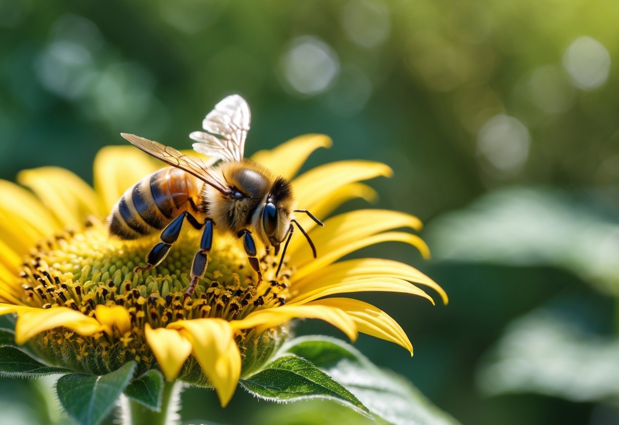 A single honeybee resting on a yellow sunflower petal with green foliage in the background.