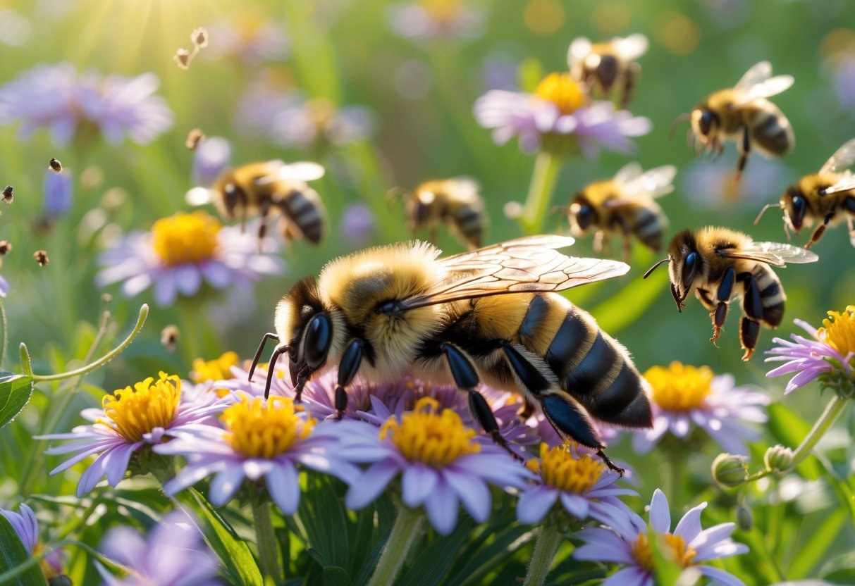 A queen bumble bee lying still on flowers while worker bumble bees gather around in a sunlit meadow.