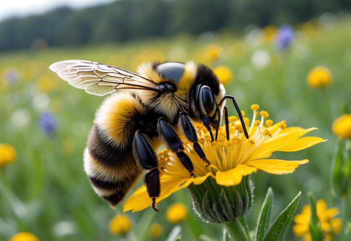 A close-up of a bumblebee on a yellow flower in a green meadow.