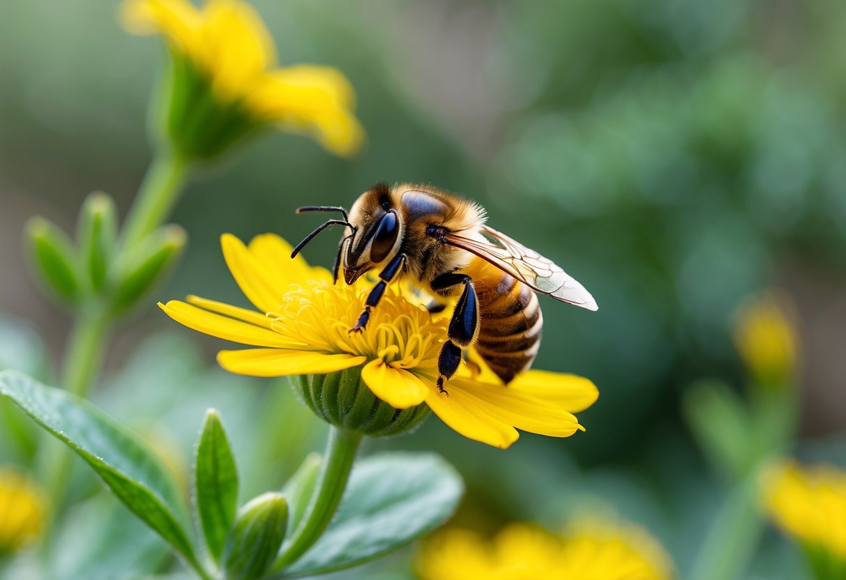 A close-up of a honeybee resting on a yellow flower with green foliage in the background.