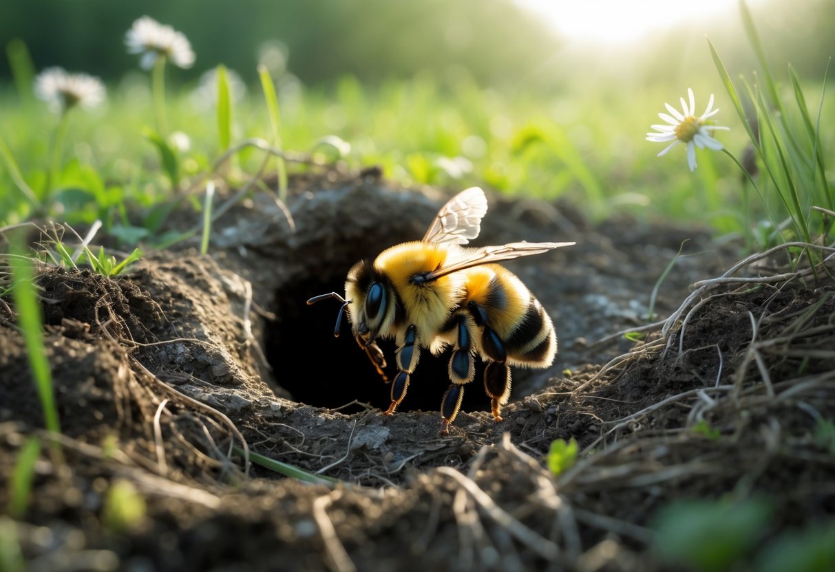 A queen bumblebee leaving the entrance of its underground nest in a green meadow with wildflowers.