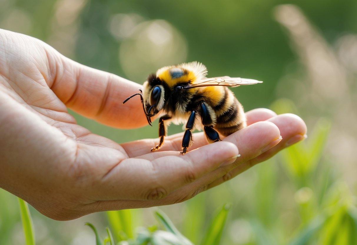 A person gently holding a bumblebee on their fingertip outdoors.