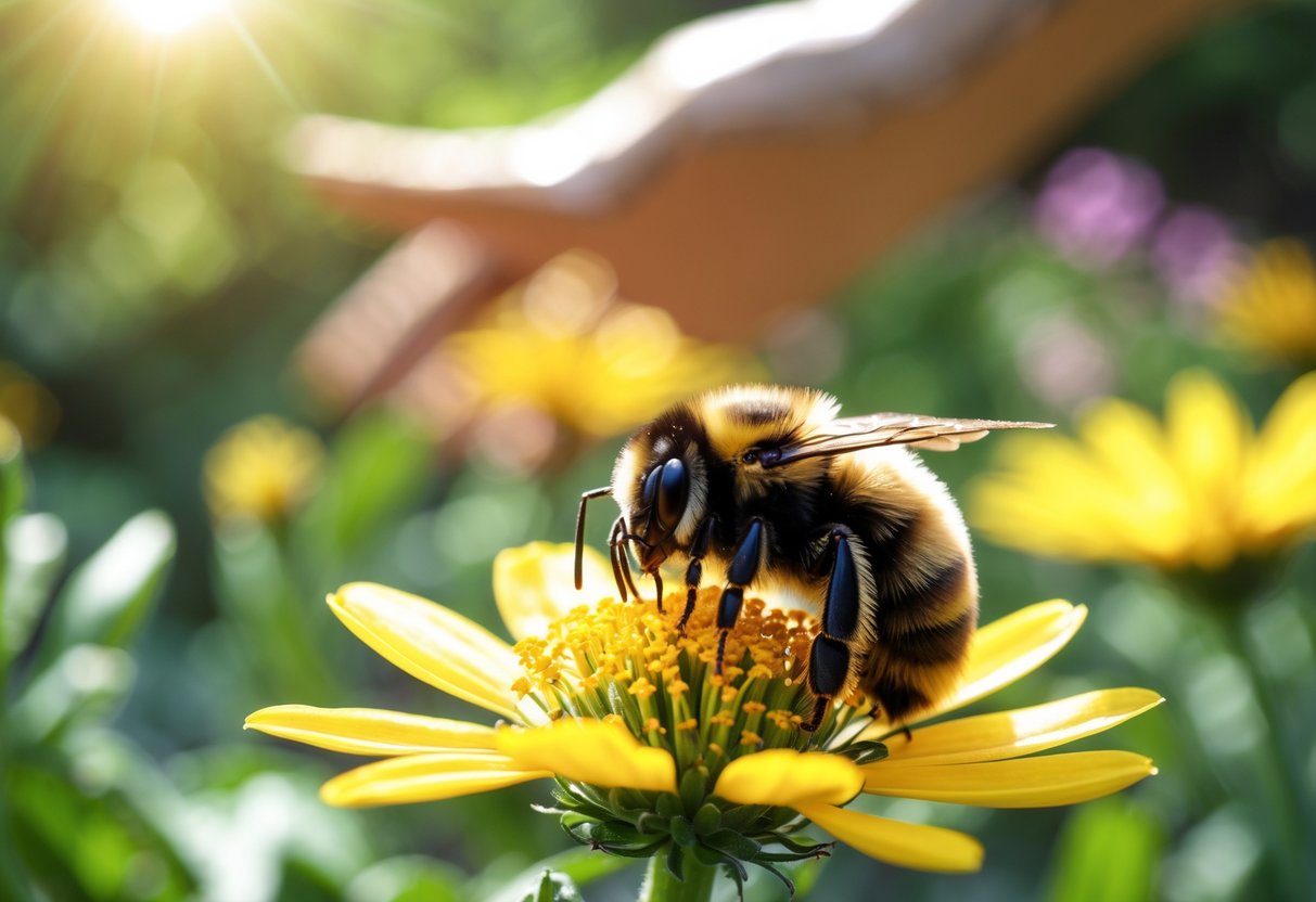 A bumblebee resting on a yellow flower with a person's hand reaching towards it in a garden.