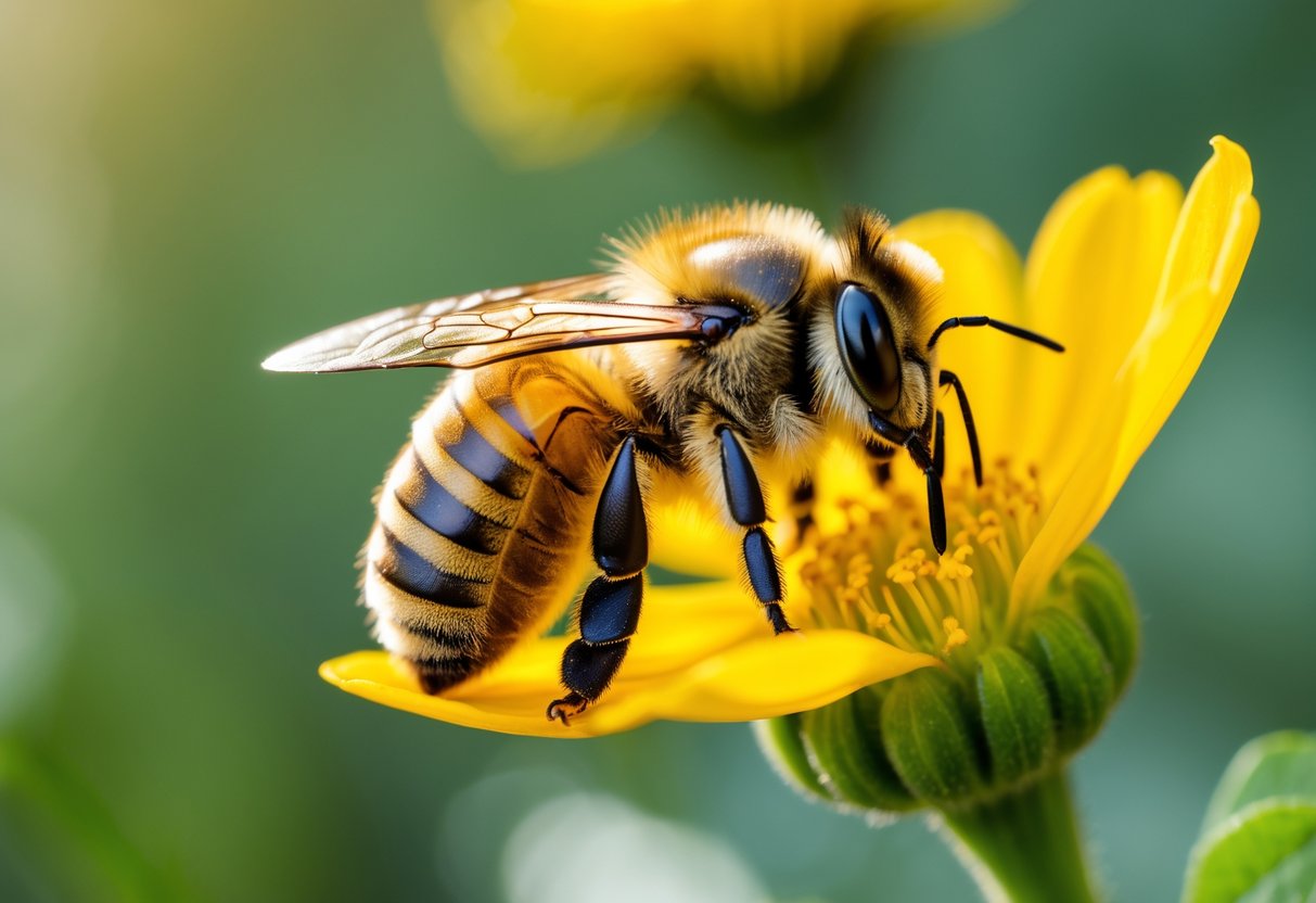 A close-up of a honeybee resting on a yellow flower petal with folded wings and a still posture.