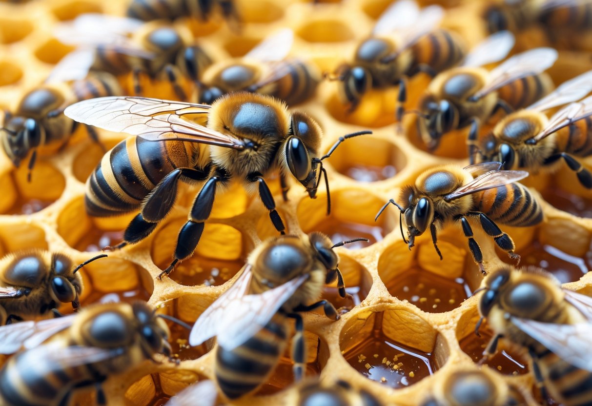 Close-up of a queen bee surrounded by smaller worker bees on a honeycomb.