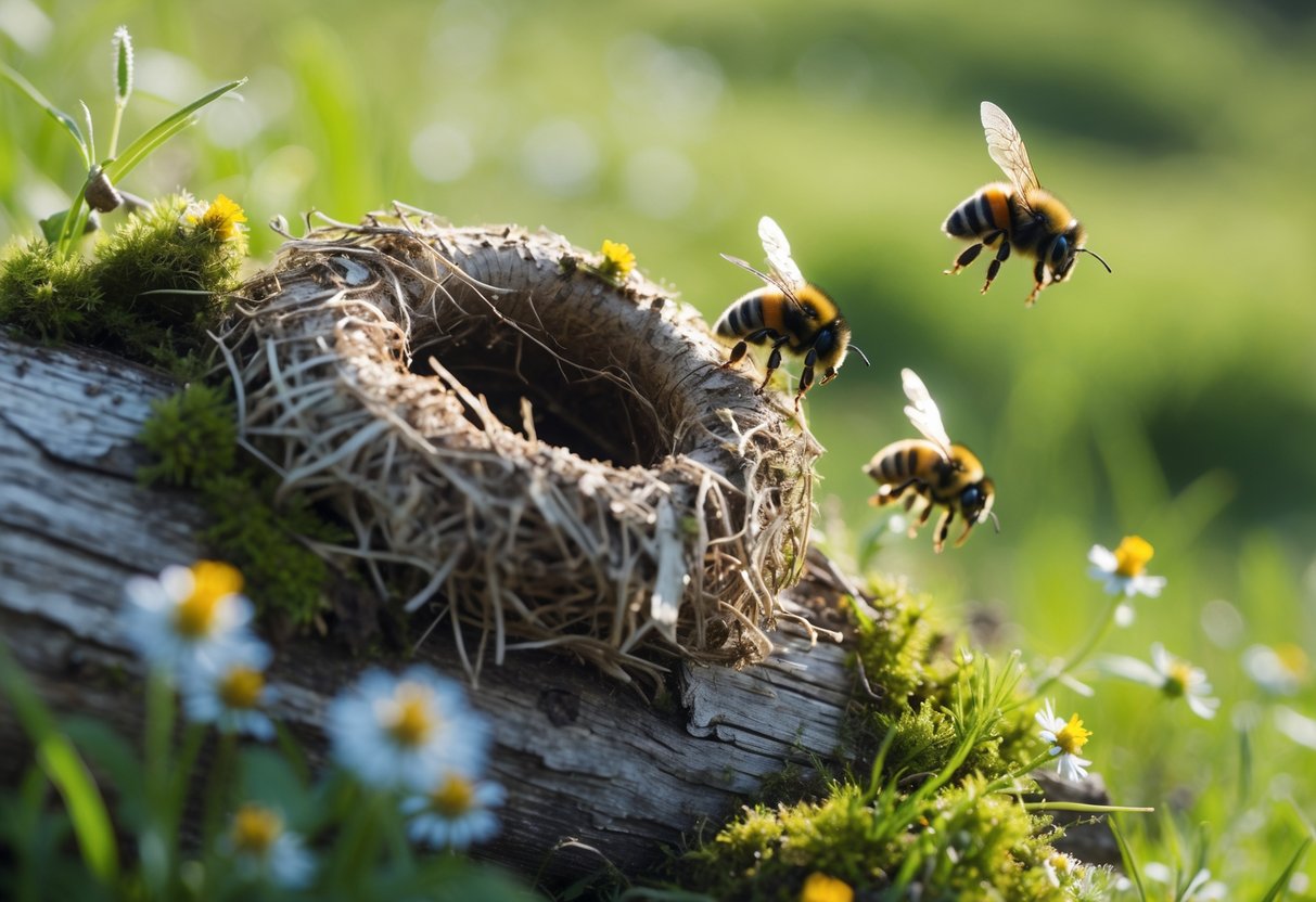 A bumblebee nest inside a hollow log with several bumblebees flying and crawling around it in a green meadow.