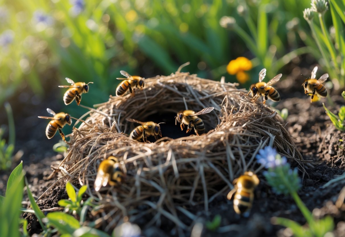 Close-up of a bumblebee nest in grass with several bumblebees flying around and entering the nest.