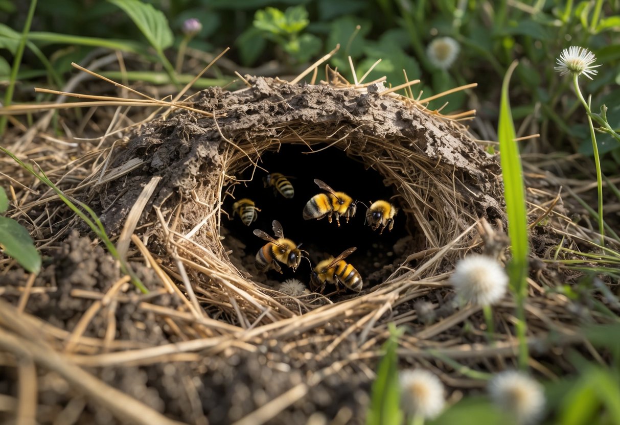 Close-up of a bumblebee nest with several bumblebees entering and leaving, surrounded by green plants and wildflowers.