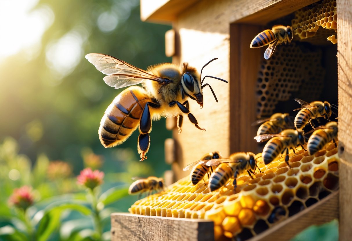 A queen bee flying away from the entrance of a honeybee hive surrounded by worker bees in a garden.