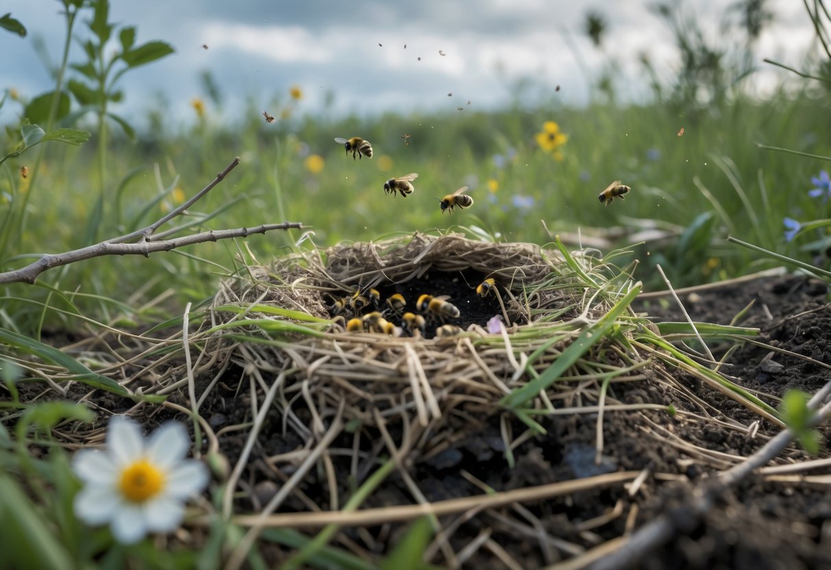 A bumble bee nest in a meadow with some bees flying away, surrounded by grass and wildflowers under a cloudy sky.