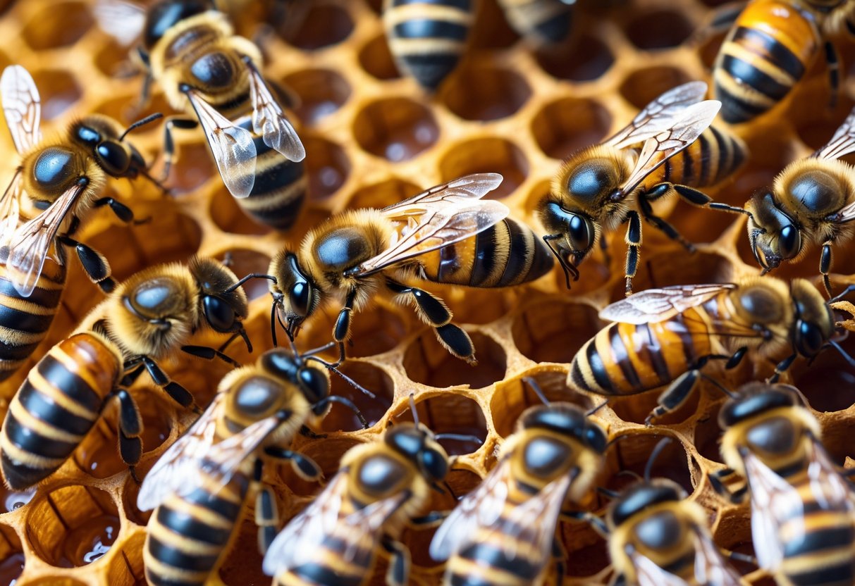 Close-up view inside a beehive showing a larger queen bee surrounded by smaller worker bees on honeycomb cells.