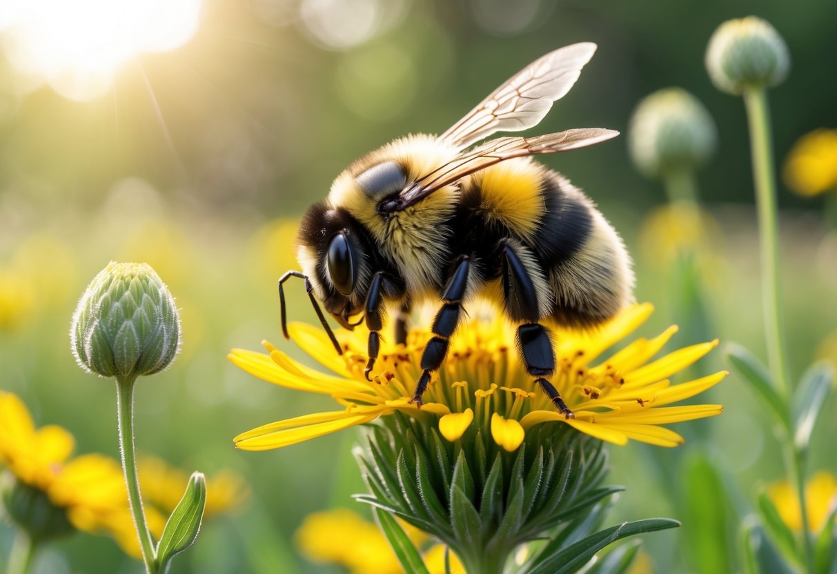 A bumblebee sitting on a yellow flower in a green meadow.