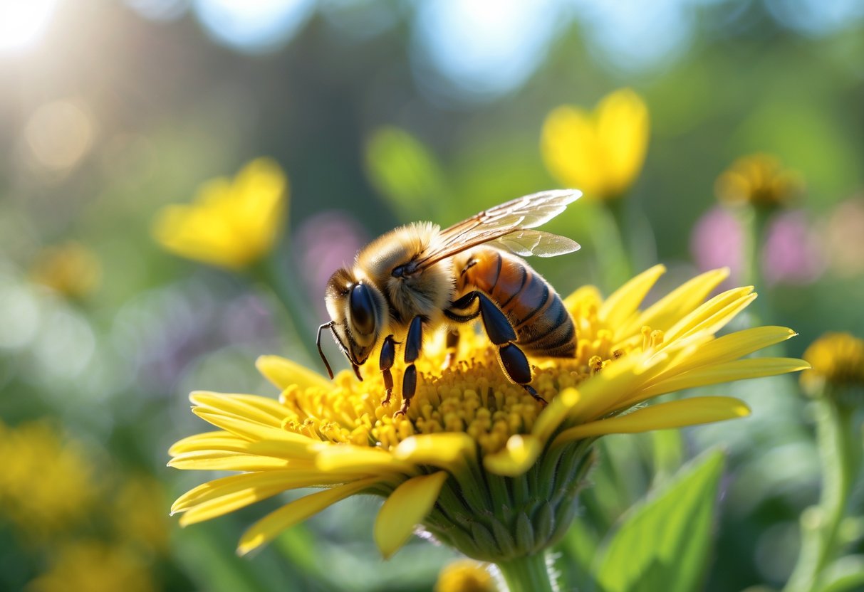 A honeybee sitting on a yellow flower with green foliage in the background.
